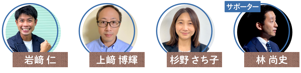 メンバーの顔写真、岩﨑仁、上﨑博輝、杉野さち子、林尚史(サポーター)