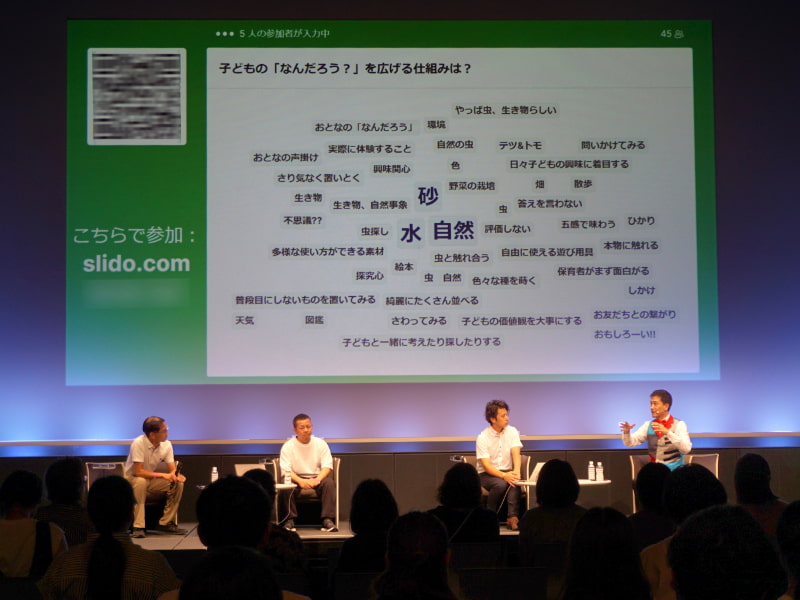 ステージ上に4名の登壇者、その背後のスクリーンに参加者からの意見が映し出されている