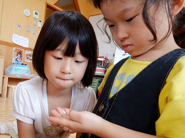 手のひらに載せた水晶をじっと見つめる子どもの写真