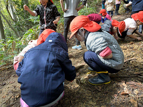 山で地面を掘って水晶を探している子どもたちの写真